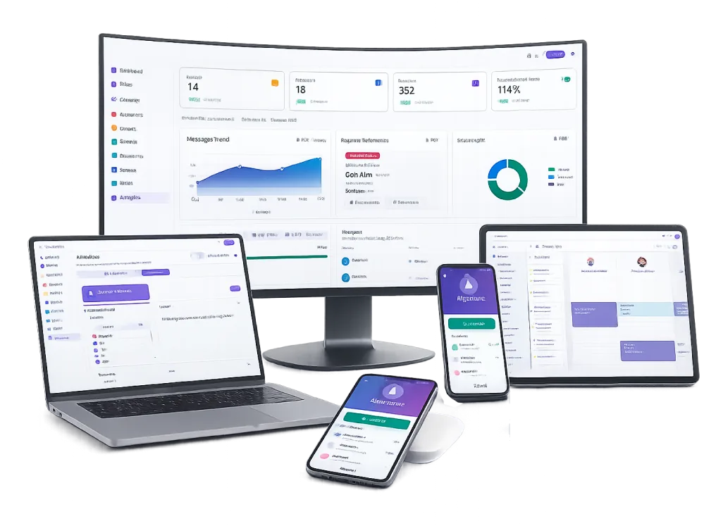 OmniLink platform across desktop, laptop, tablet, and mobile — one unified workspace