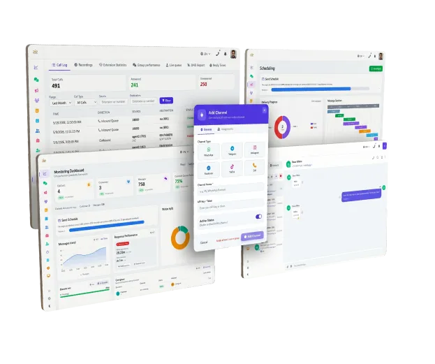 شاشات OmniLink — سجل المكالمات والجدولة وإعداد القنوات ولوحة المتابعة